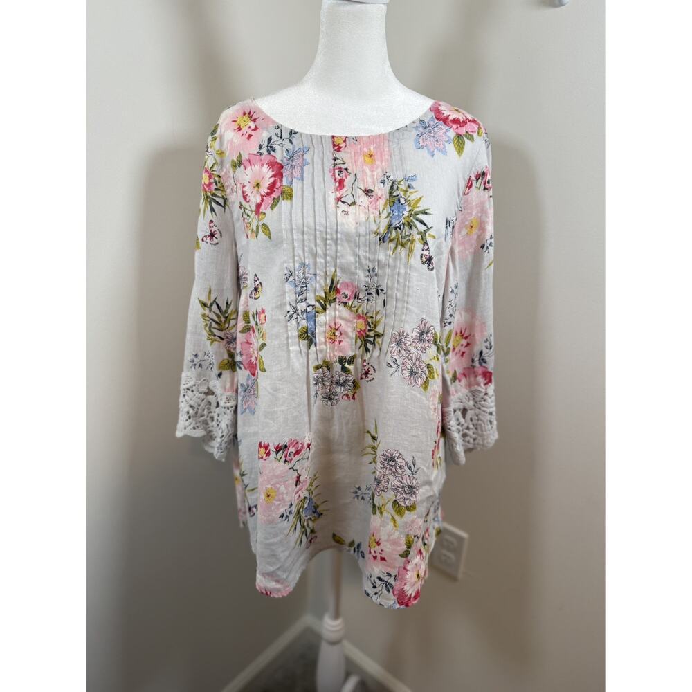 J Jill Love Linen Floral Top Size Medium Lace Trim Lagenlook Pleated Cottage - Picture 7 of 10